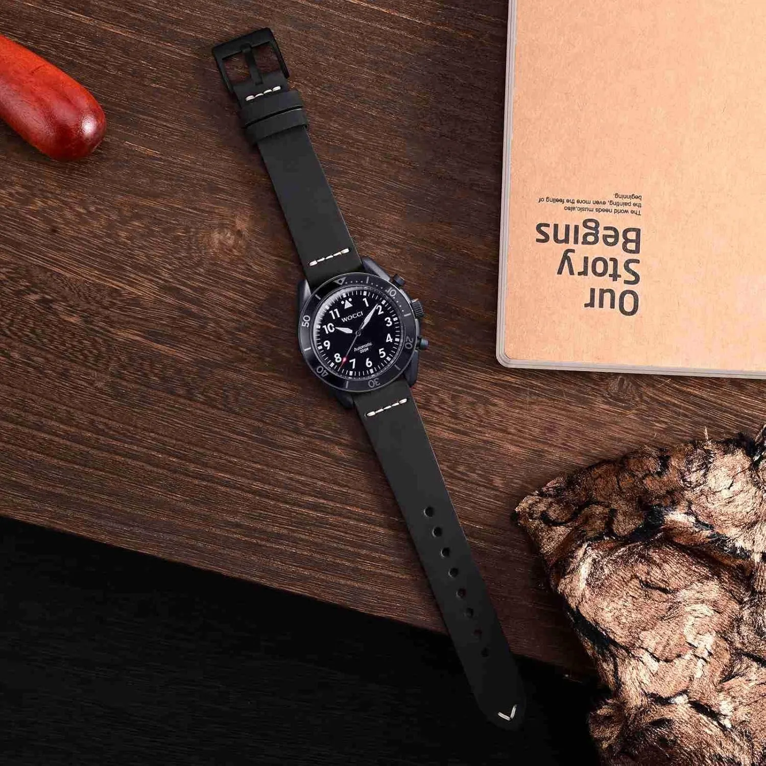 evident trivial for Men, Top Grain Leather, Black Matte Buckle (Black) WOCCI 20mm Old-fashioned Watch Band 