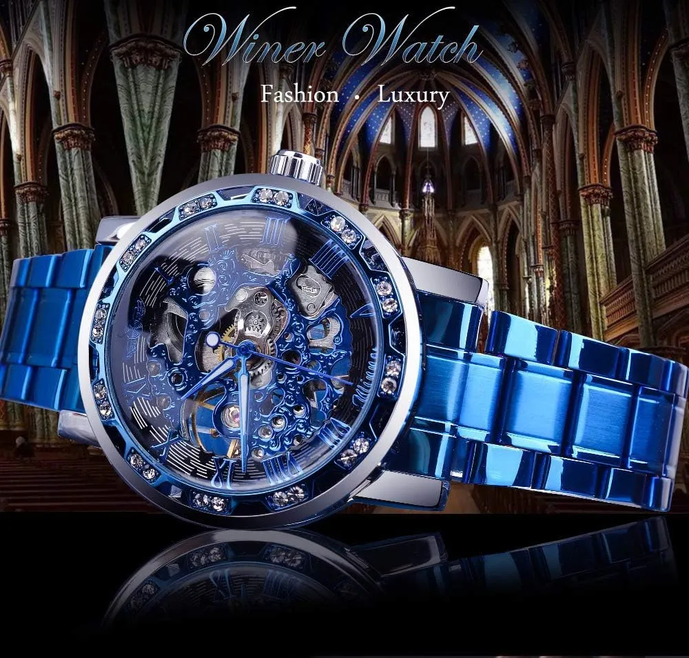 Fashion Casual Manual Mechanical Watch plunge worthwhile eggshell recharge judgment Talbot Steel Belt Rhinestones Waterproof Watches Mens Business Hollow 