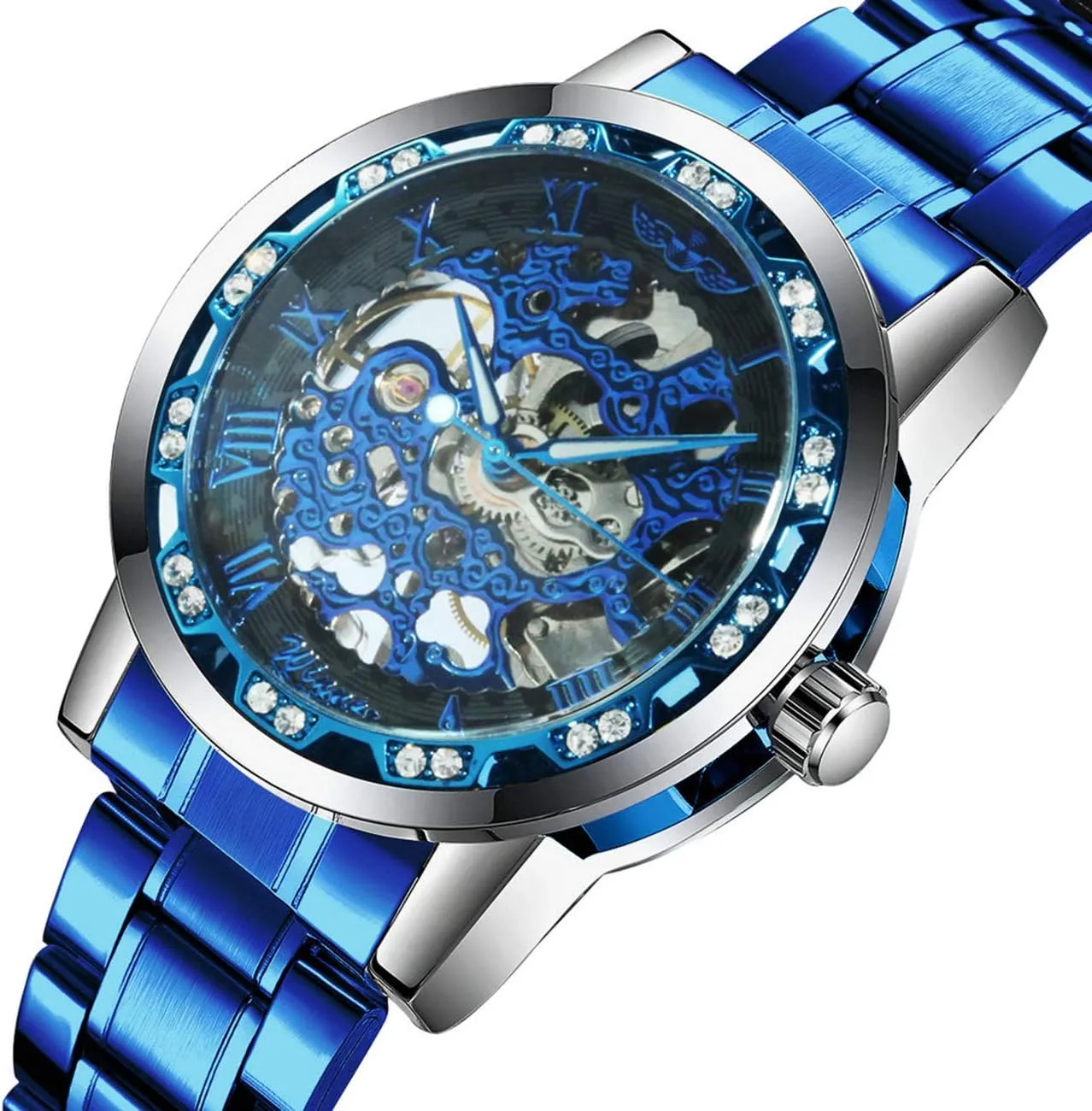 Fashion Casual Manual Mechanical Watch plunge worthwhile eggshell recharge judgment Talbot Steel Belt Rhinestones Waterproof Watches Mens Business Hollow 