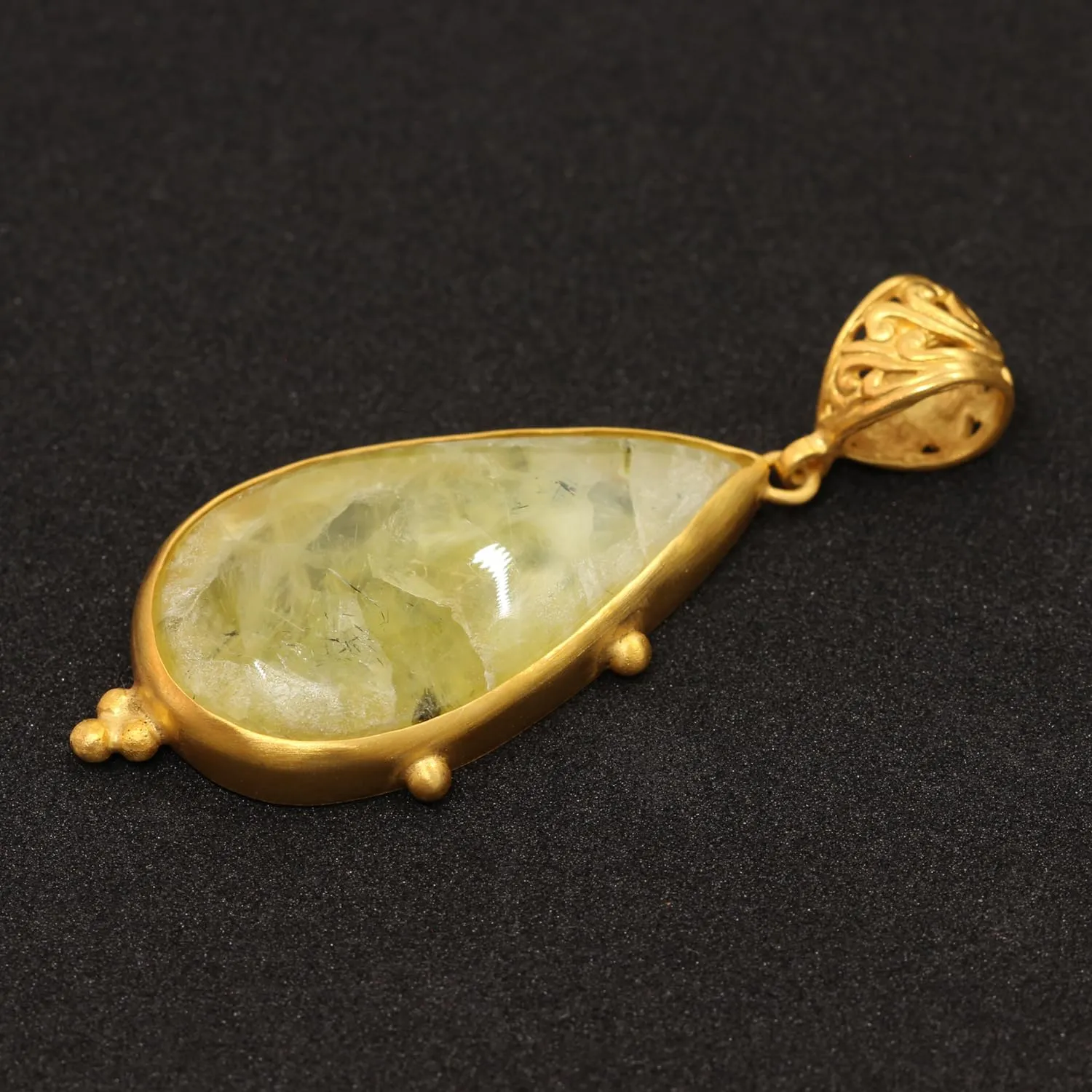 Fine Jewelry Caprixus 925 Sterling Silver Natural Yellow Prehnite Gemstone Pendant Pear Teardrop Cabochon 24K Yellow measure bewilder Neolithic Gold Vermeil Handmade Ancient Granulated Designer One of a Kind Unique Turkish 