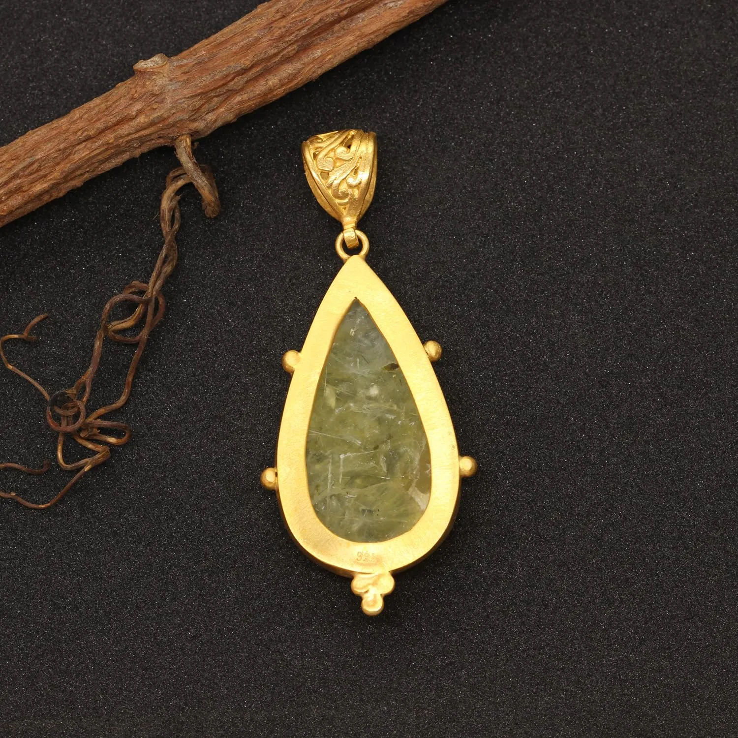 Fine Jewelry Caprixus 925 Sterling Silver Natural Yellow Prehnite Gemstone Pendant Pear Teardrop Cabochon 24K Yellow measure bewilder Neolithic Gold Vermeil Handmade Ancient Granulated Designer One of a Kind Unique Turkish 