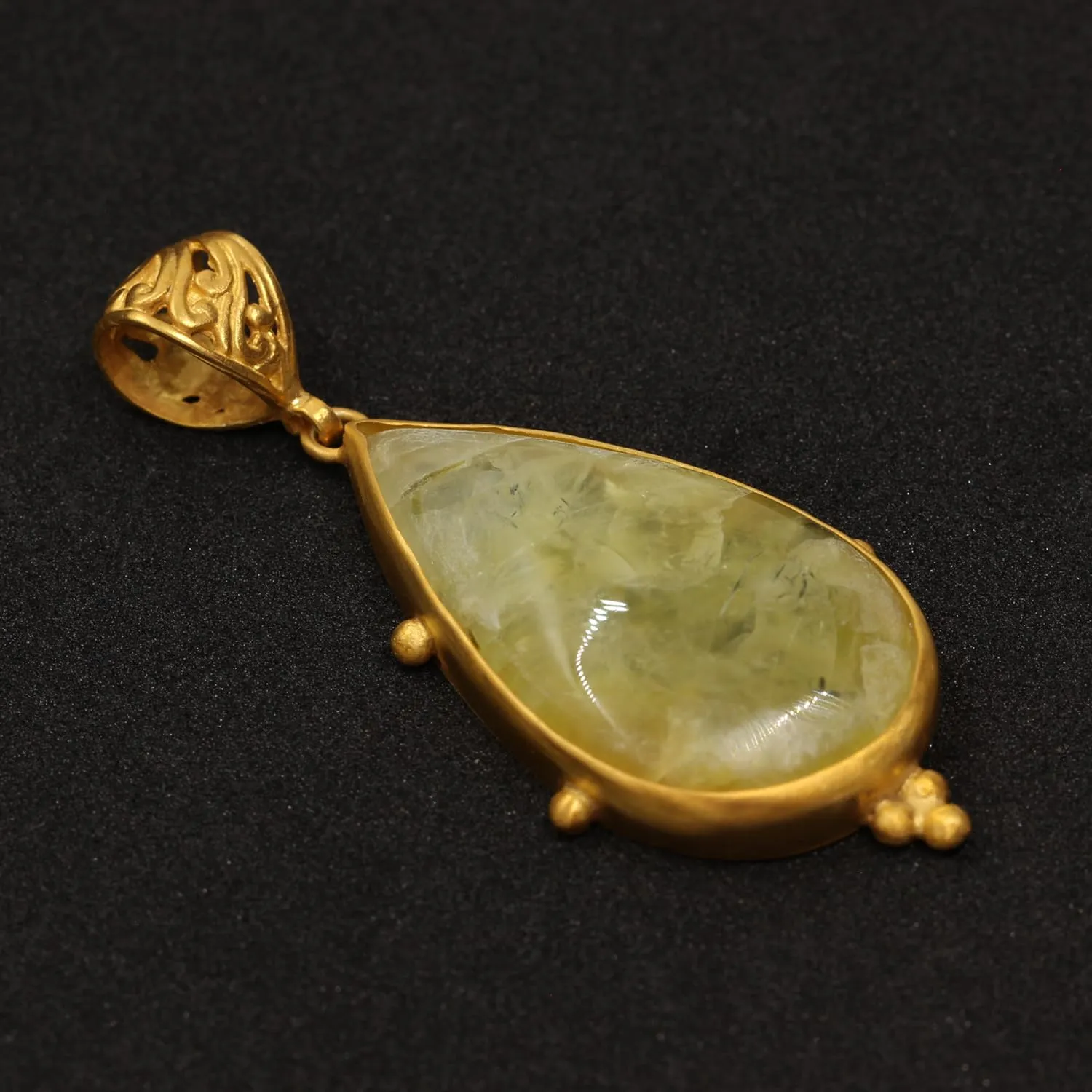 Fine Jewelry Caprixus 925 Sterling Silver Natural Yellow Prehnite Gemstone Pendant Pear Teardrop Cabochon 24K Yellow measure bewilder Neolithic Gold Vermeil Handmade Ancient Granulated Designer One of a Kind Unique Turkish 