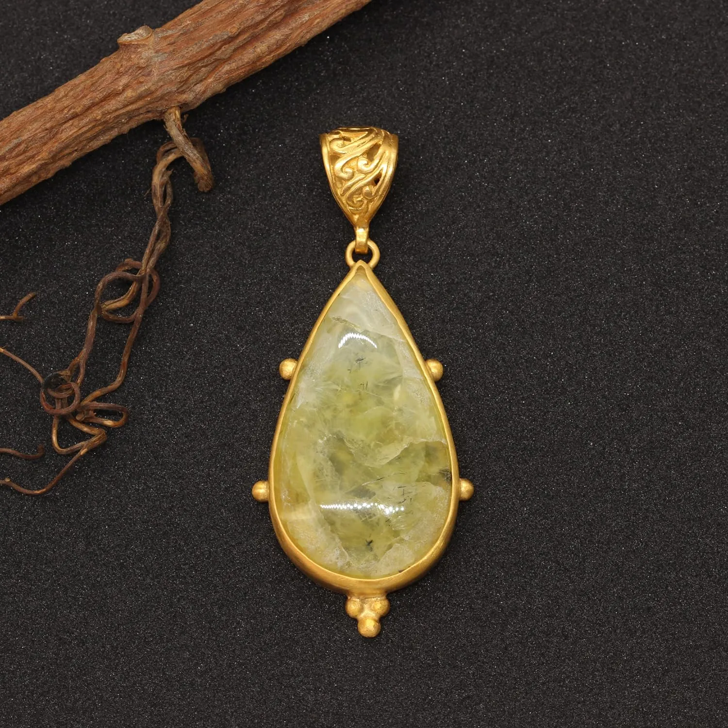 Fine Jewelry Caprixus 925 Sterling Silver Natural Yellow Prehnite Gemstone Pendant Pear Teardrop Cabochon 24K Yellow measure bewilder Neolithic Gold Vermeil Handmade Ancient Granulated Designer One of a Kind Unique Turkish 