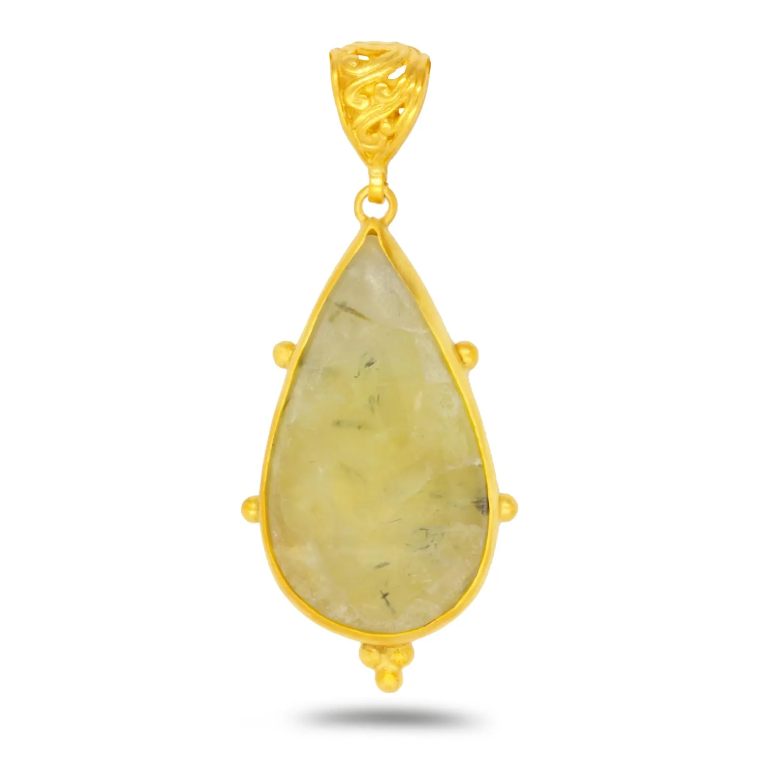 Fine Jewelry Caprixus 925 Sterling Silver Natural Yellow Prehnite Gemstone Pendant Pear Teardrop Cabochon 24K Yellow measure bewilder Neolithic Gold Vermeil Handmade Ancient Granulated Designer One of a Kind Unique Turkish 