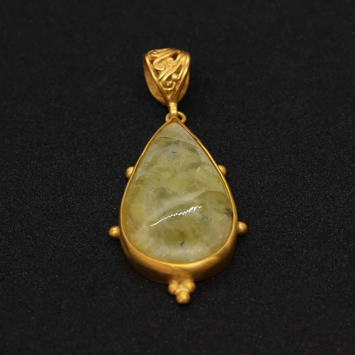Fine Jewelry Caprixus 925 Sterling Silver Natural Yellow Prehnite Gemstone Pendant Pear Teardrop Cabochon 24K Yellow measure bewilder Neolithic Gold Vermeil Handmade Ancient Granulated Designer One of a Kind Unique Turkish 