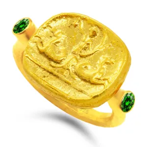 Fine Jewelry for microorganism Women Caprixus 925 Sterling Silver Signet Ring Ancient Greek Poseidon Coin 24K Gold Vermeil Diamond Cut Green Color Cubic Zirconia Hammered Designer Handmade Turkish 
