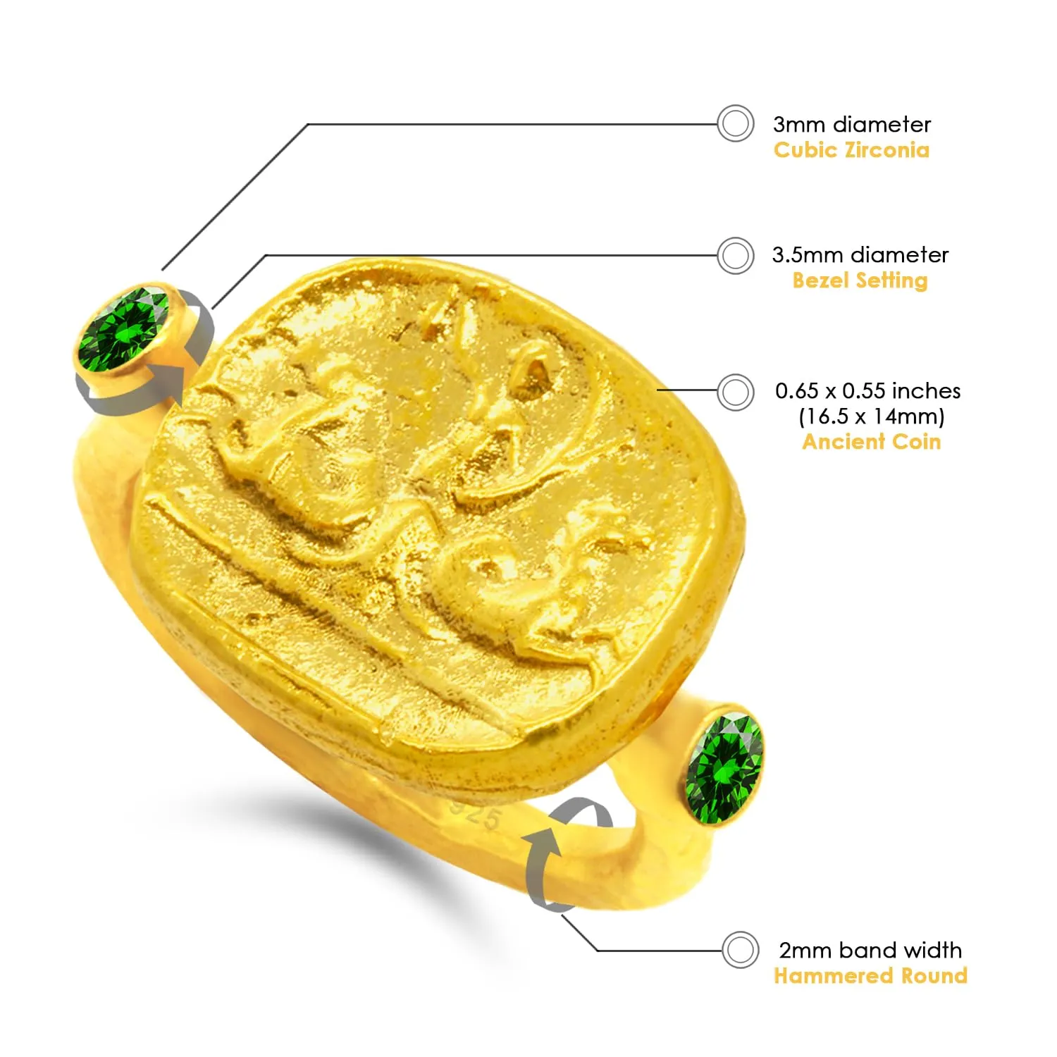 Fine Jewelry for microorganism Women Caprixus 925 Sterling Silver Signet Ring Ancient Greek Poseidon Coin 24K Gold Vermeil Diamond Cut Green Color Cubic Zirconia Hammered Designer Handmade Turkish 
