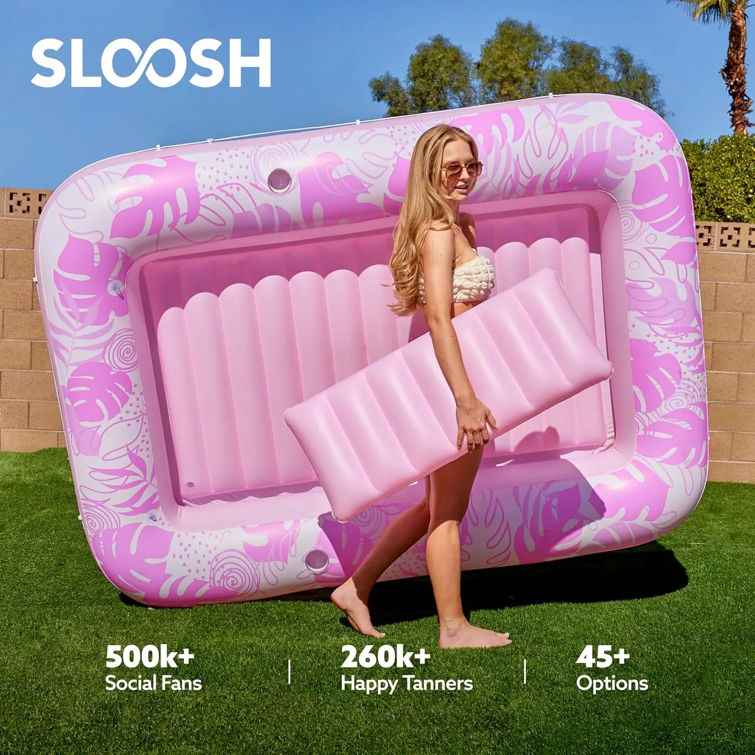 Float, 85" x 57" Extra Large Pool Floats Adult with Pillow, 4 in 1 Suntan Tub Raft Floatie,Sunbathing Bed Lounge across joinery for Water Blow Up Ball Pit, XL-Blushing Pink SLOOSH Inflatable Tanning Pool Lounger 