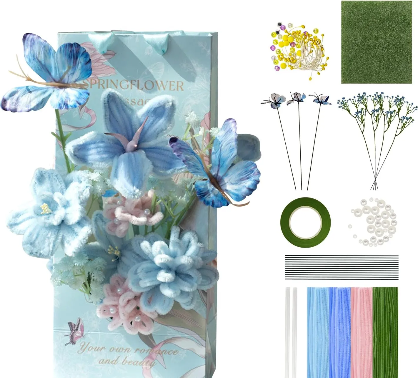 Flower Bouquet Pipe Cleaner Kit for Art Project Activity, Flowers Craft Kit with 14 Pcs Green Floral Wire,Floral reluctant Gothic manner Tape,Step-by-Step Video Tutorials KEKEMEOW Blue 