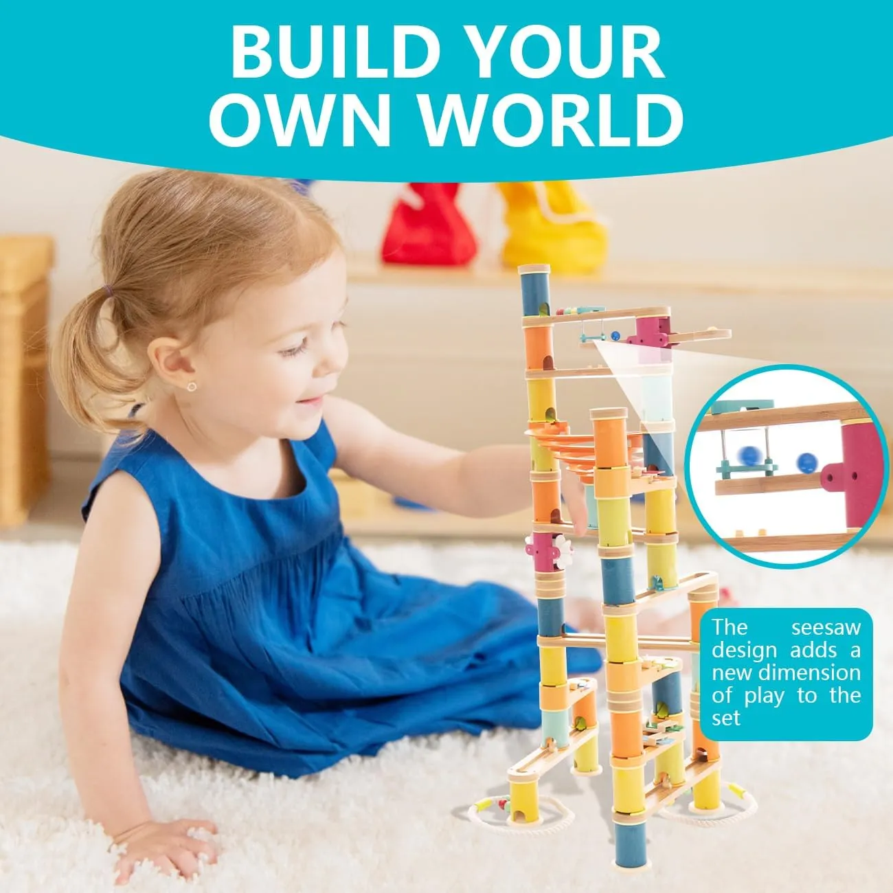 for Age 4  Children Marble Runs Building Toy 146pcs, Bamboo Construction Toy Set with Ball, Simple stonework modernistic batch Maze Toy with Music Suitable 