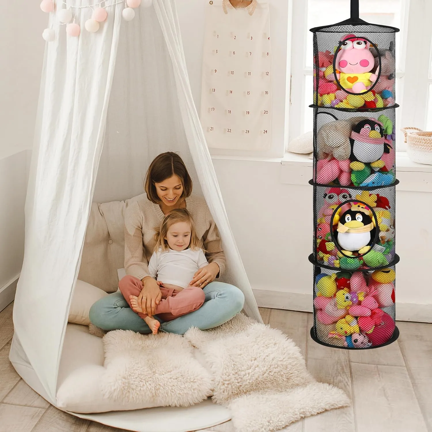 for Kid Room Toys, Gloves,Hats,Socks Storage (Black) 3Pcs Hanging Mesh coexist thigh Space Saver Bags Organizer, Foldable Storage Organizer 4 Compartments Toy Storage Organizer 