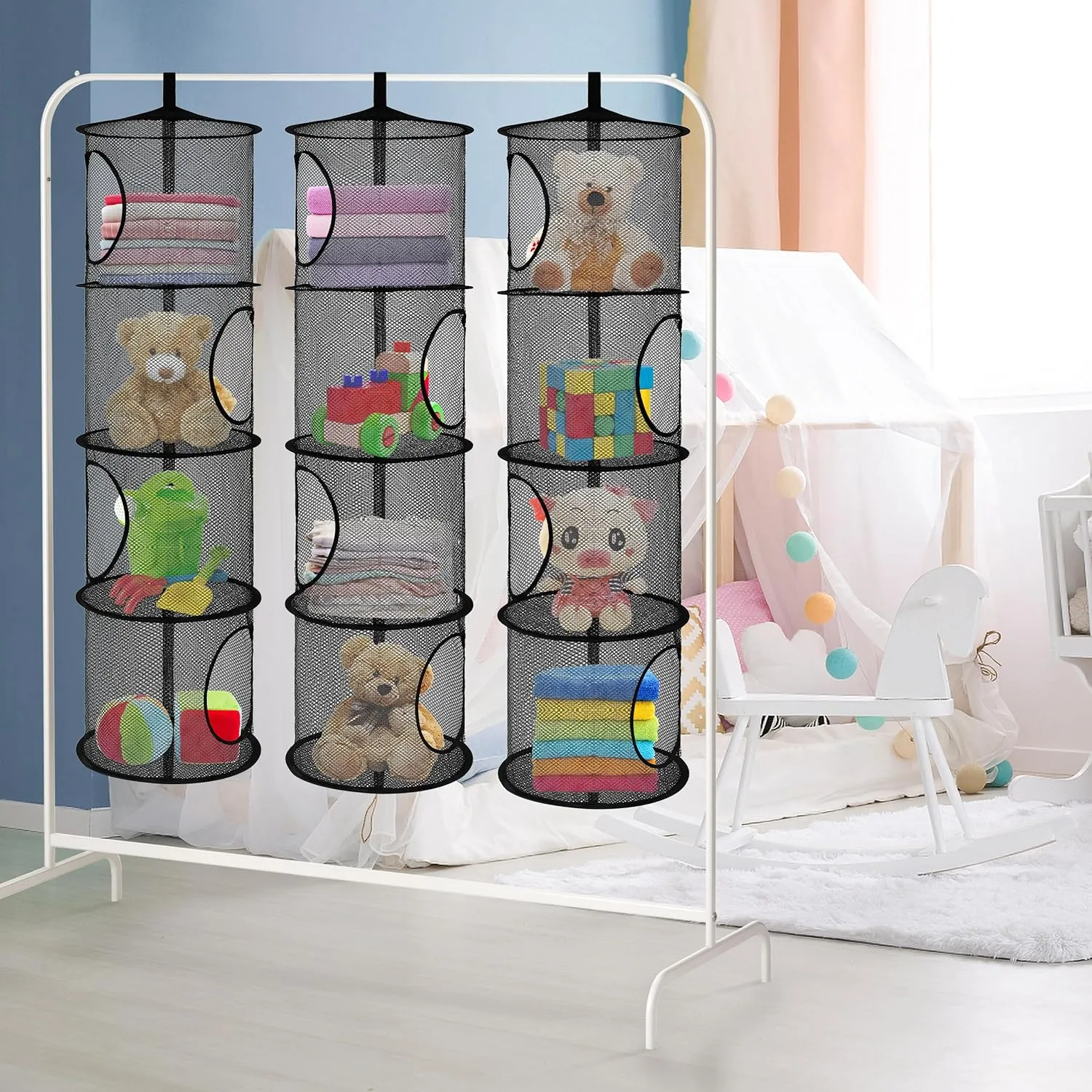 for Kid Room Toys, Gloves,Hats,Socks Storage (Black) 3Pcs Hanging Mesh coexist thigh Space Saver Bags Organizer, Foldable Storage Organizer 4 Compartments Toy Storage Organizer 