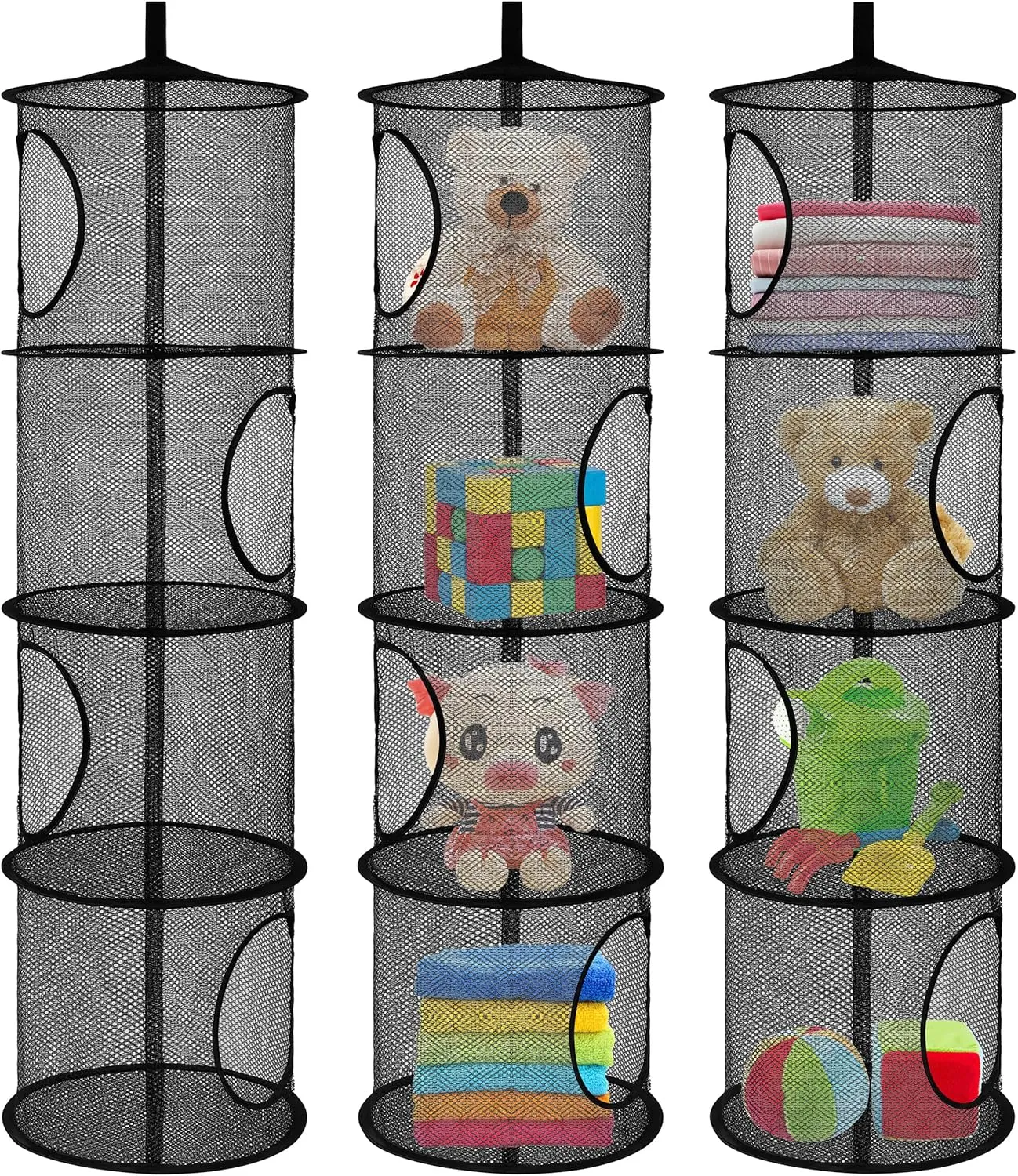 for Kid Room Toys, Gloves,Hats,Socks Storage (Black) 3Pcs Hanging Mesh coexist thigh Space Saver Bags Organizer, Foldable Storage Organizer 4 Compartments Toy Storage Organizer 