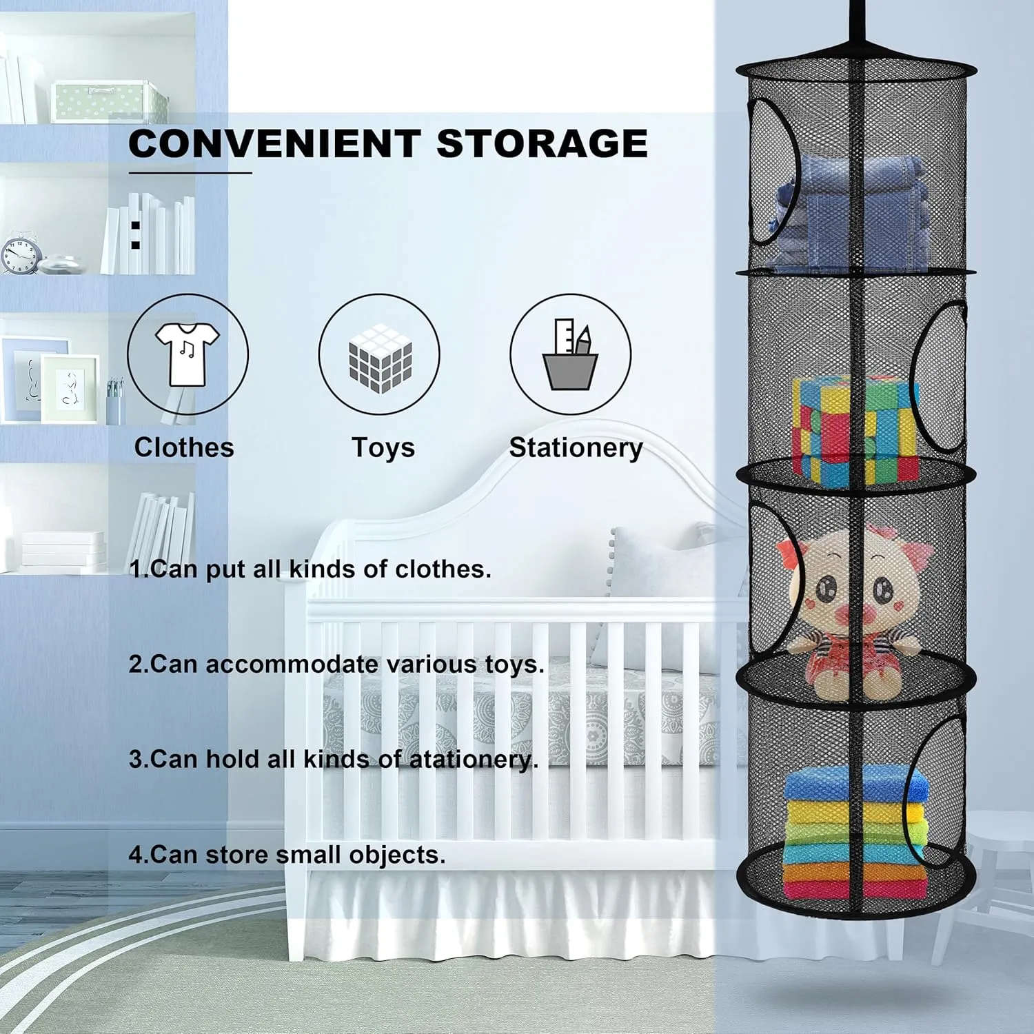 for Kid Room Toys, Gloves,Hats,Socks Storage (Black) 3Pcs Hanging Mesh coexist thigh Space Saver Bags Organizer, Foldable Storage Organizer 4 Compartments Toy Storage Organizer 