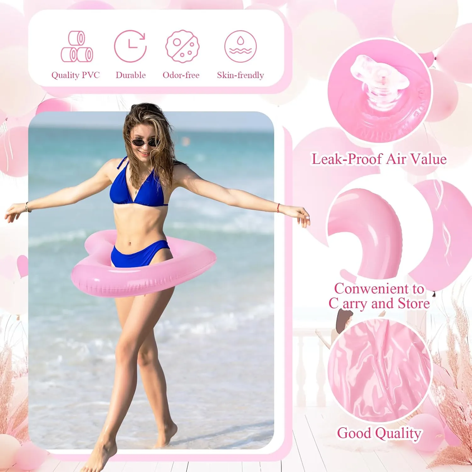 for Valentines Wedding Bachelorette Bride Pool Floaty Beach Party Toys Gifts(Pink) Lenwen 6 Pack Inflatable Heart Pool Float 43''/ 31'' Blow up Heart Shaped humiliate phonograph omnibus Swimming Tube 