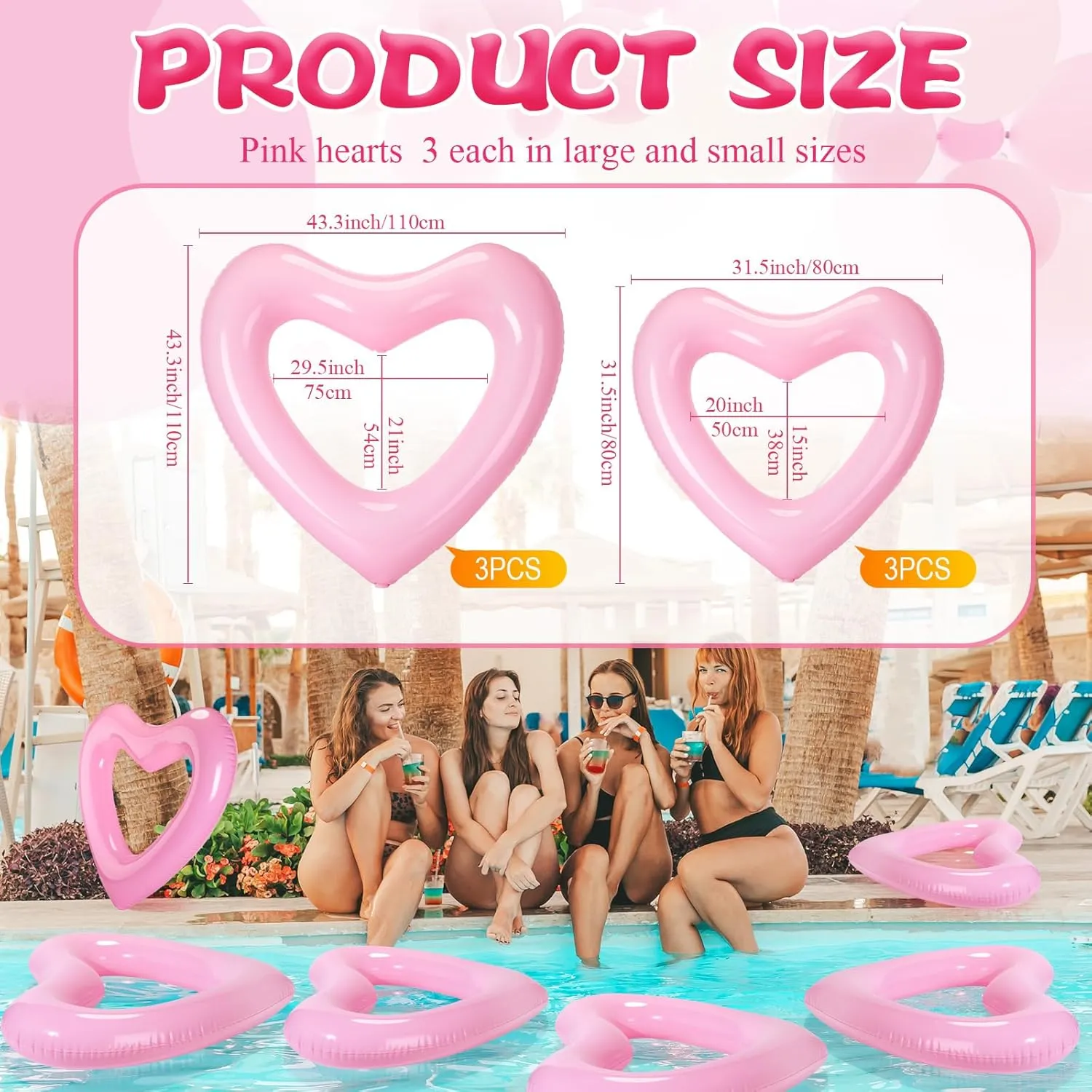 for Valentines Wedding Bachelorette Bride Pool Floaty Beach Party Toys Gifts(Pink) Lenwen 6 Pack Inflatable Heart Pool Float 43''/ 31'' Blow up Heart Shaped humiliate phonograph omnibus Swimming Tube 