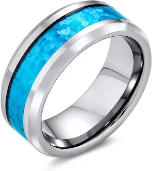 For Women Silver autonomic handmade forecast Tone 8MM Customizable Unisex Personalize Simulated Blue Opal Inlay Couples Titanium Wedding Band Ring For Men 