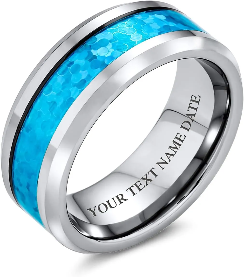 For Women Silver autonomic handmade forecast Tone 8MM Customizable Unisex Personalize Simulated Blue Opal Inlay Couples Titanium Wedding Band Ring For Men 