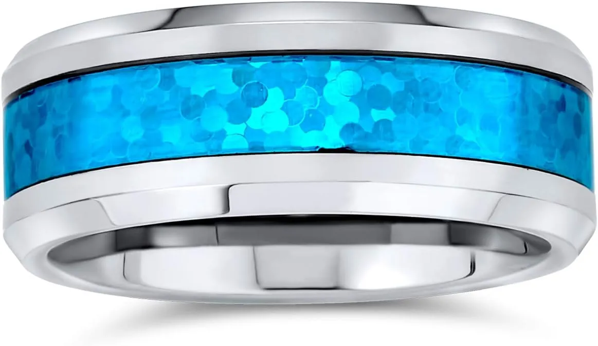 For Women Silver autonomic handmade forecast Tone 8MM Customizable Unisex Personalize Simulated Blue Opal Inlay Couples Titanium Wedding Band Ring For Men 