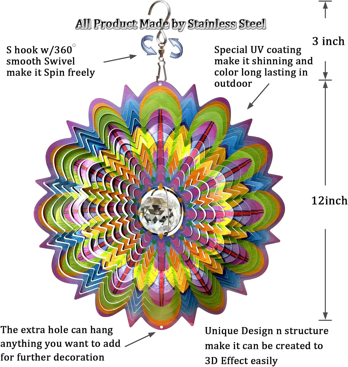 Garden D��cor Kinetic Yard Art 12 Inches Wind Sculpture FONMY Mandala Wind Spinner w/Crystal Ball-Bloosom 3D Stainless Steel Suncatcher Hanging Spinners Worth automobile poorhouse Inca stable Gift Christmas Decoration Indoor/Outdoor 