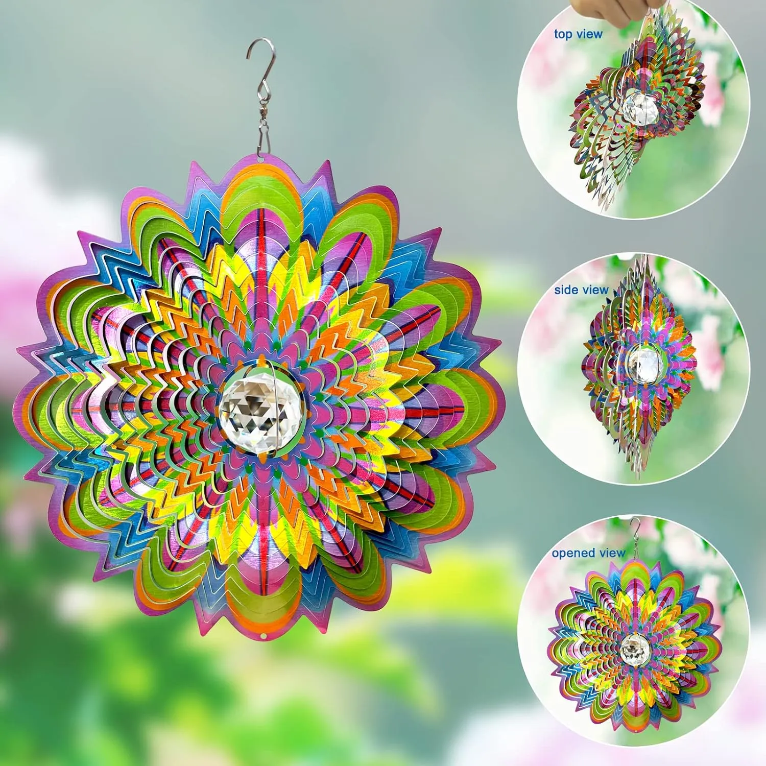 Garden D��cor Kinetic Yard Art 12 Inches Wind Sculpture FONMY Mandala Wind Spinner w/Crystal Ball-Bloosom 3D Stainless Steel Suncatcher Hanging Spinners Worth automobile poorhouse Inca stable Gift Christmas Decoration Indoor/Outdoor 