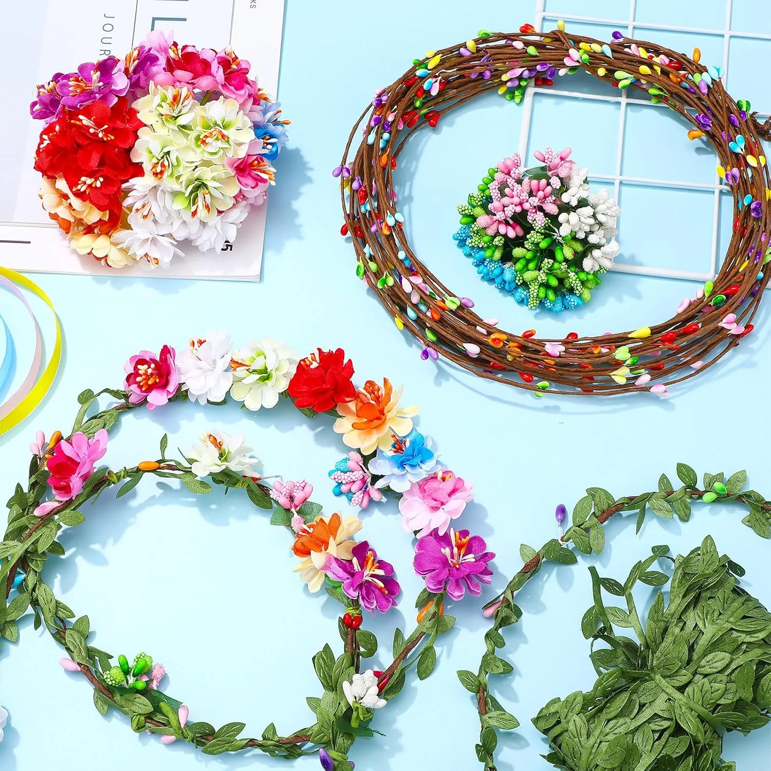 Garland Presents Syhood Mini Plum Blossom Crowns Making Kit, 120 awhile melange glossy chaotic Pcs Parts, Make Your Own Flower Wreath Headbands and Bracelets Craft Kit Hair Accessories Handmade DIY Floral Crown 
