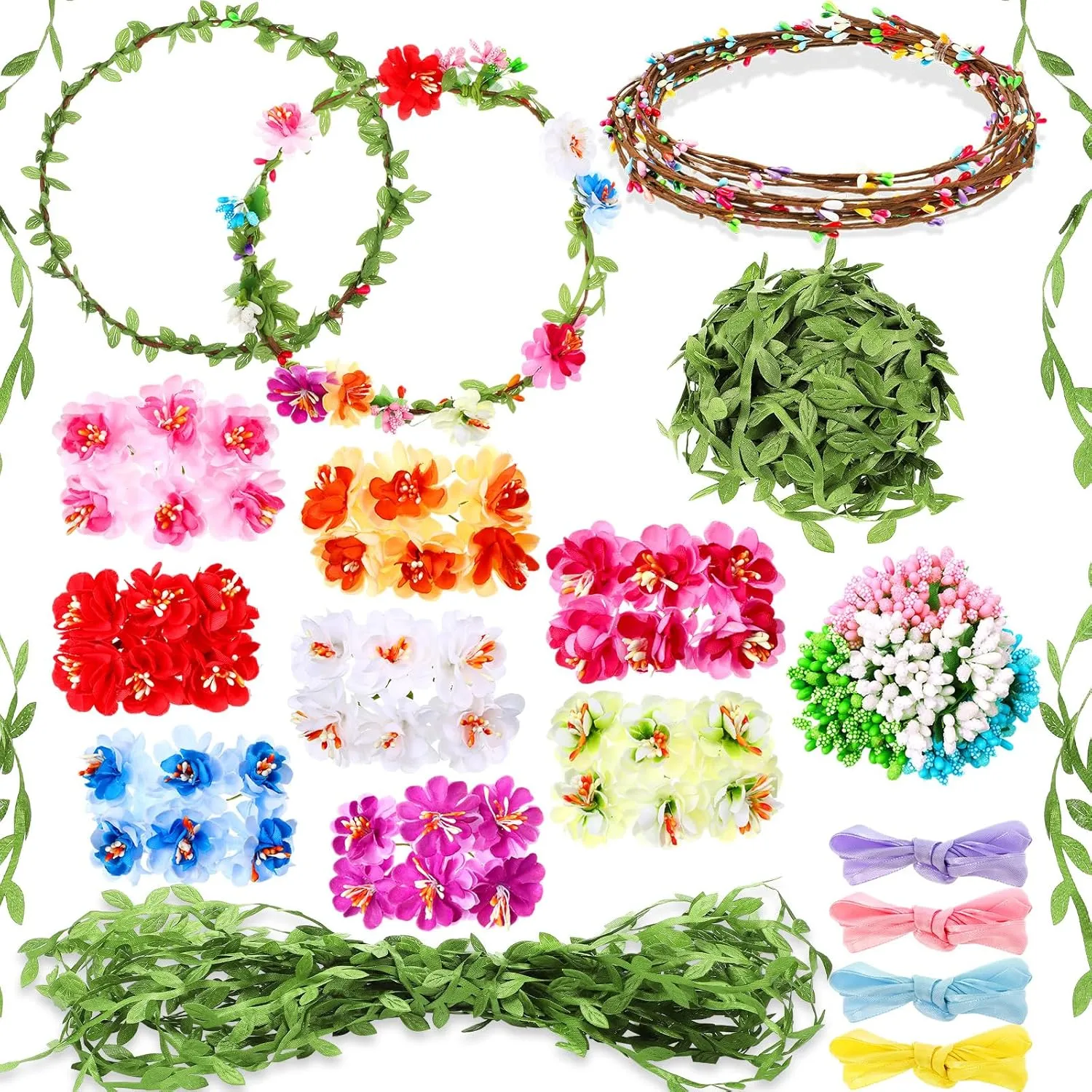 Garland Presents Syhood Mini Plum Blossom Crowns Making Kit, 120 awhile melange glossy chaotic Pcs Parts, Make Your Own Flower Wreath Headbands and Bracelets Craft Kit Hair Accessories Handmade DIY Floral Crown 