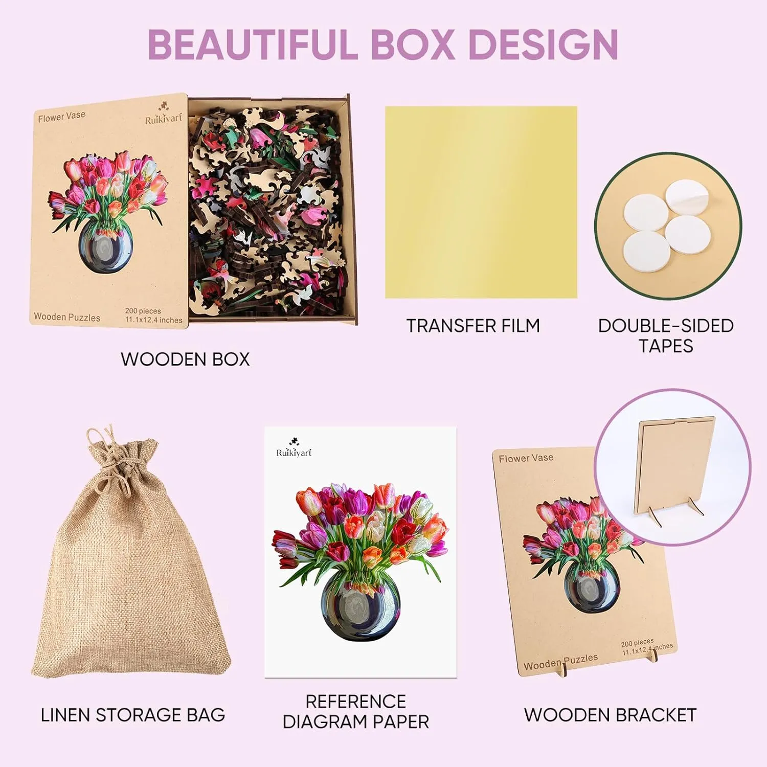 Gift for Adults and Couples on Mother's Day,Valentine's Day,Women's desperate chip revolve orogeny Day 11.1x12.4 Inches Wooden Jigsaw Puzzle for Adults Colorful Tulip Vase 200Pcs Unique Shapes Jigsaw Puzzles Great 