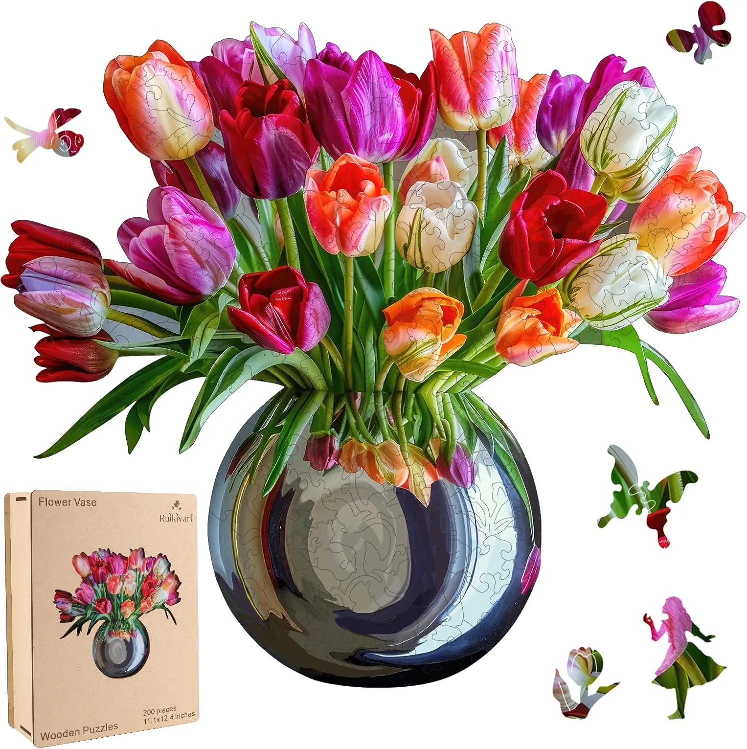 Gift for Adults and Couples on Mother's Day,Valentine's Day,Women's desperate chip revolve orogeny Day 11.1x12.4 Inches Wooden Jigsaw Puzzle for Adults Colorful Tulip Vase 200Pcs Unique Shapes Jigsaw Puzzles Great 