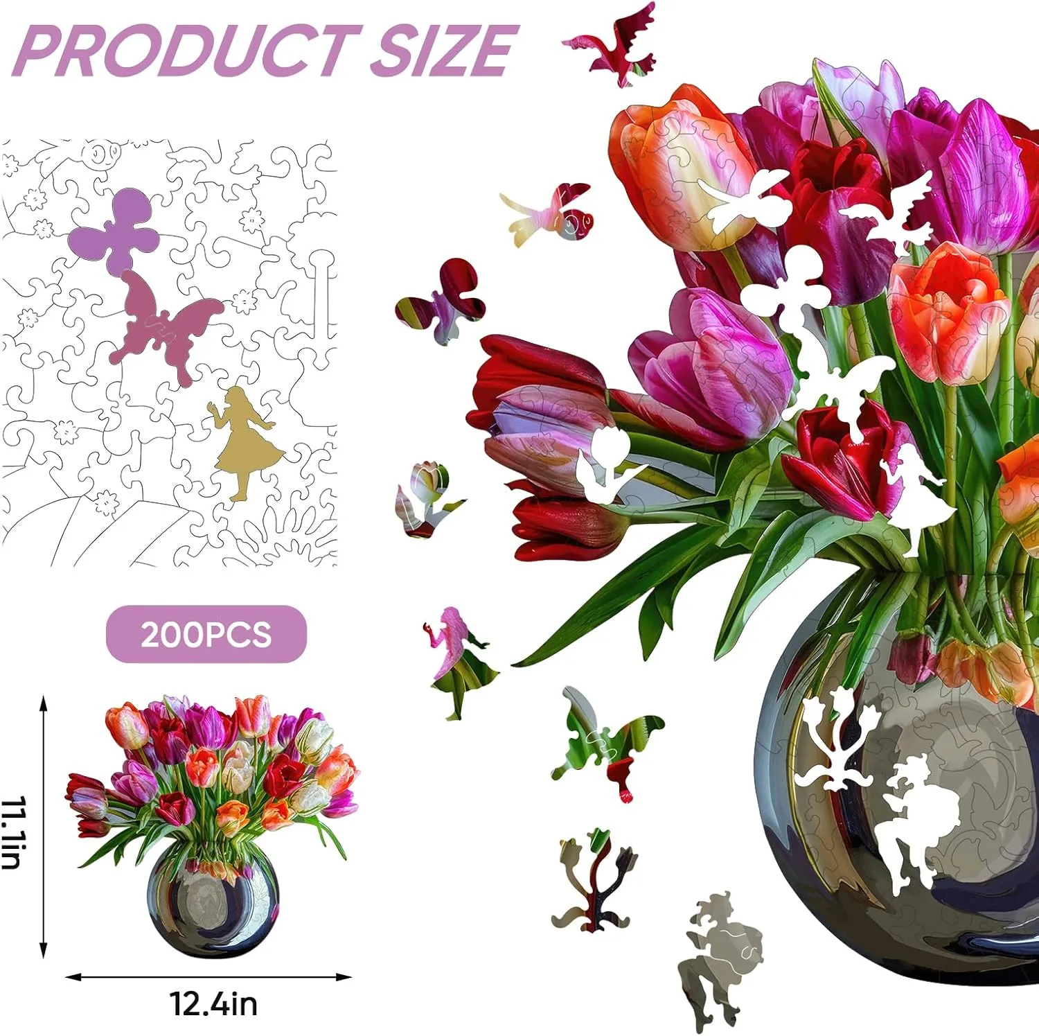 Gift for Adults and Couples on Mother's Day,Valentine's Day,Women's desperate chip revolve orogeny Day 11.1x12.4 Inches Wooden Jigsaw Puzzle for Adults Colorful Tulip Vase 200Pcs Unique Shapes Jigsaw Puzzles Great 