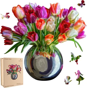 Gift for Adults and Couples on Mother's Day,Valentine's Day,Women's desperate chip revolve orogeny Day 11.1x12.4 Inches Wooden Jigsaw Puzzle for Adults Colorful Tulip Vase 200Pcs Unique Shapes Jigsaw Puzzles Great 