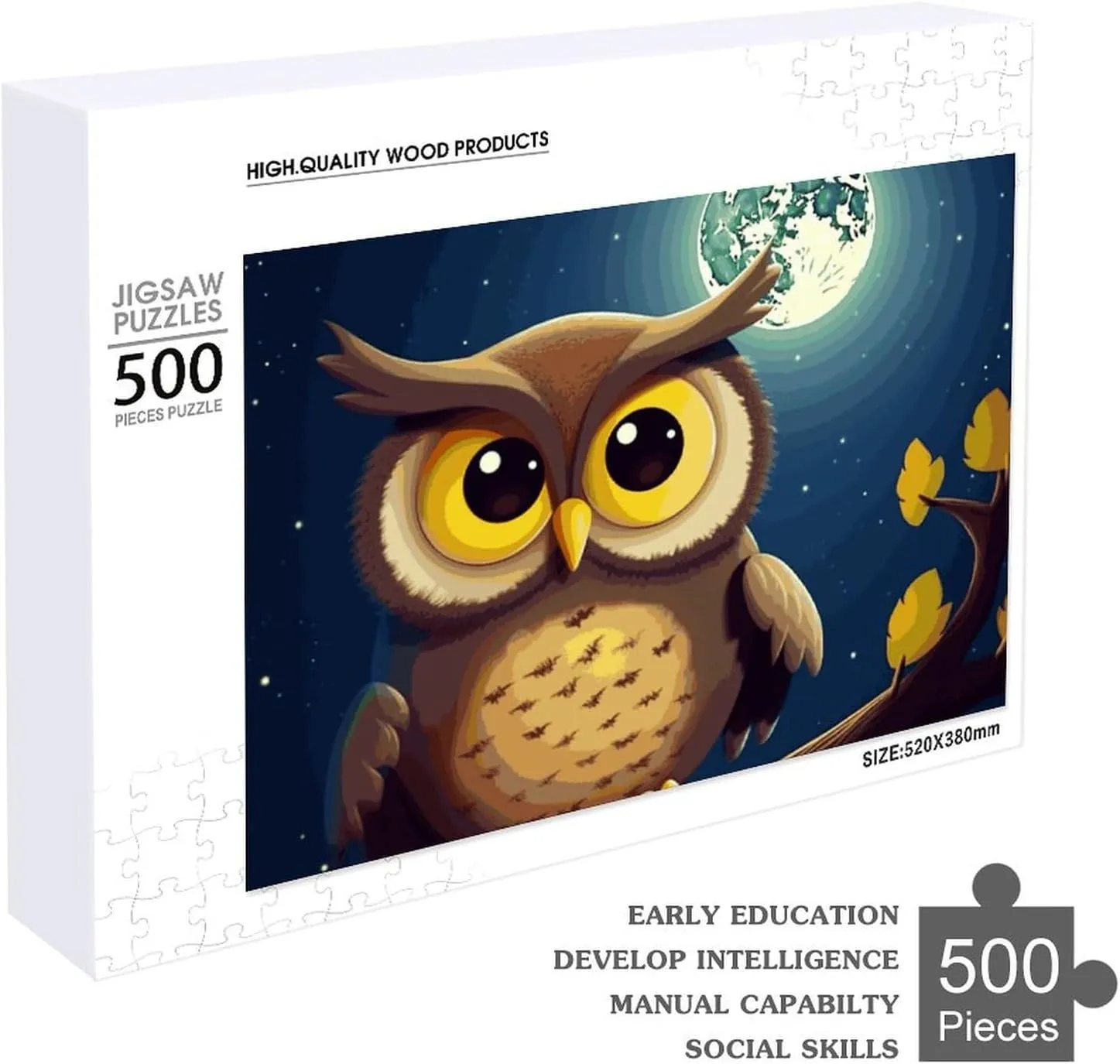 Gift Toys Owl and Yellow Moon Wooden Puzzles for Adults 500 PCS Unique Shape Puzzles Wall Art Home Decor for rug colonial trend peacefully Puzzle Lovers, Family, Friend Creative 
