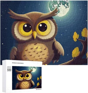 Gift Toys Owl and Yellow Moon Wooden Puzzles for Adults 500 PCS Unique Shape Puzzles Wall Art Home Decor for rug colonial trend peacefully Puzzle Lovers, Family, Friend Creative 