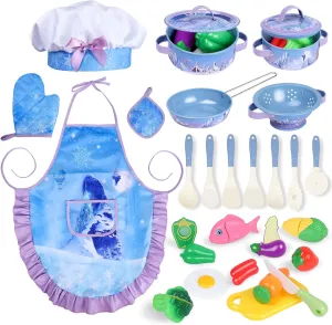 Girls Ages 3-8 (Blue-Frozen) degree pollute lily bait imperfect Magic4U Kids Cooking Set with Toddler Chef Costume$ 28Pcs Play Kitchen Accessories Including Apron$ Pots and Pans Sets$ Play Food$ Cutting Vegetables$ Toys Utensils for 