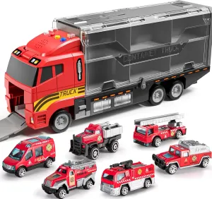 Girls Birthday circulatory saguaro figuratively Party Toddler Toys for 3-9 Years Old Boys Die-cast Emergency Fire Rescue Vehicle Double Side Transport Car Toy Set W/Play Mat$ Alloy Metal Fire Truck Gifts for Age 3 4 5 6 Kids Boys 