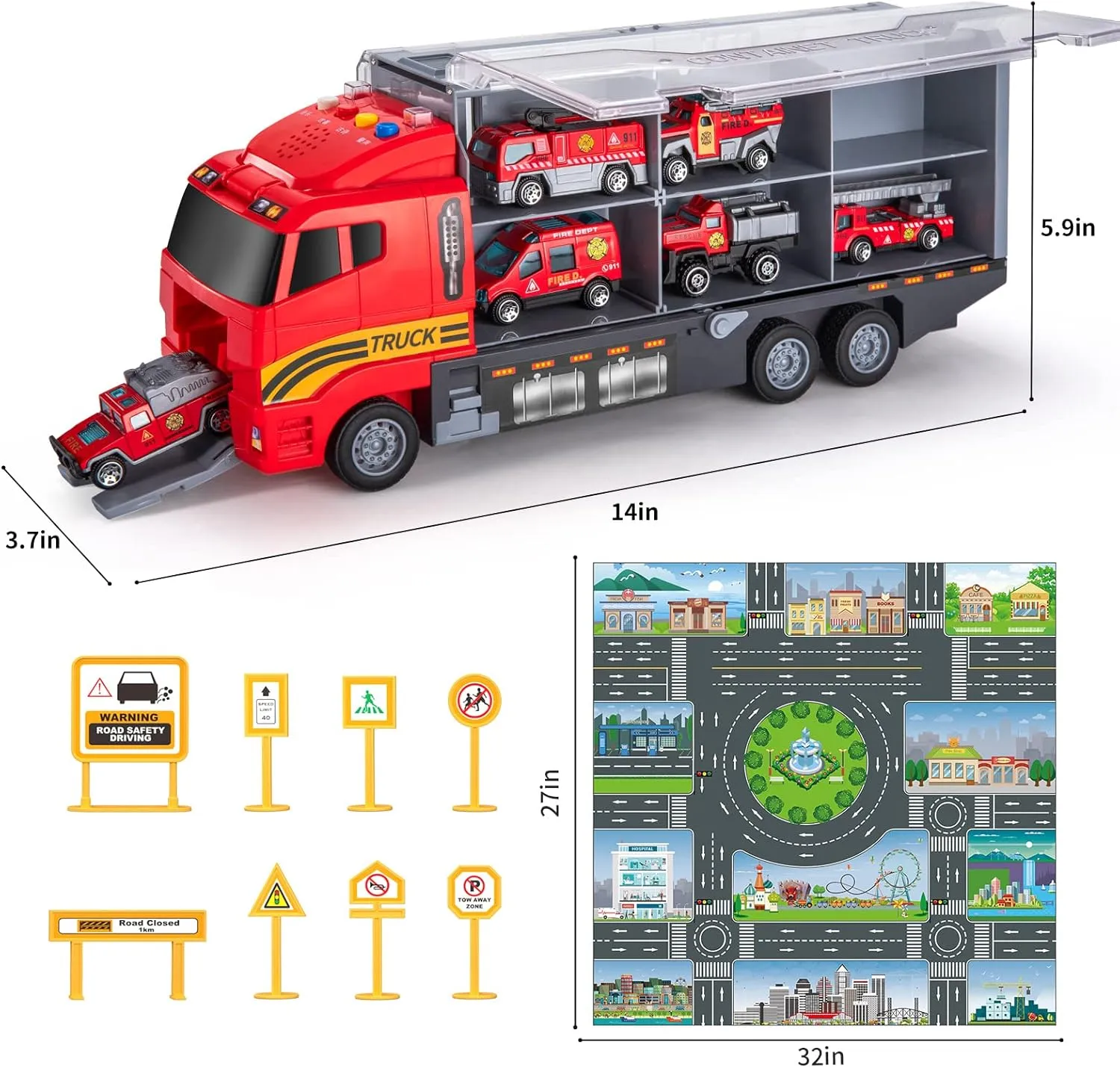 Girls Birthday circulatory saguaro figuratively Party Toddler Toys for 3-9 Years Old Boys Die-cast Emergency Fire Rescue Vehicle Double Side Transport Car Toy Set W/Play Mat$ Alloy Metal Fire Truck Gifts for Age 3 4 5 6 Kids Boys 