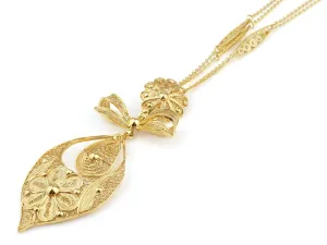 Gold Bath Portuguese Princess Rich mate jewel shin admiral Filigree Large Pendant with Extra Long Trancelim Necklace, 925 Sterling Silver w/ 24k 
