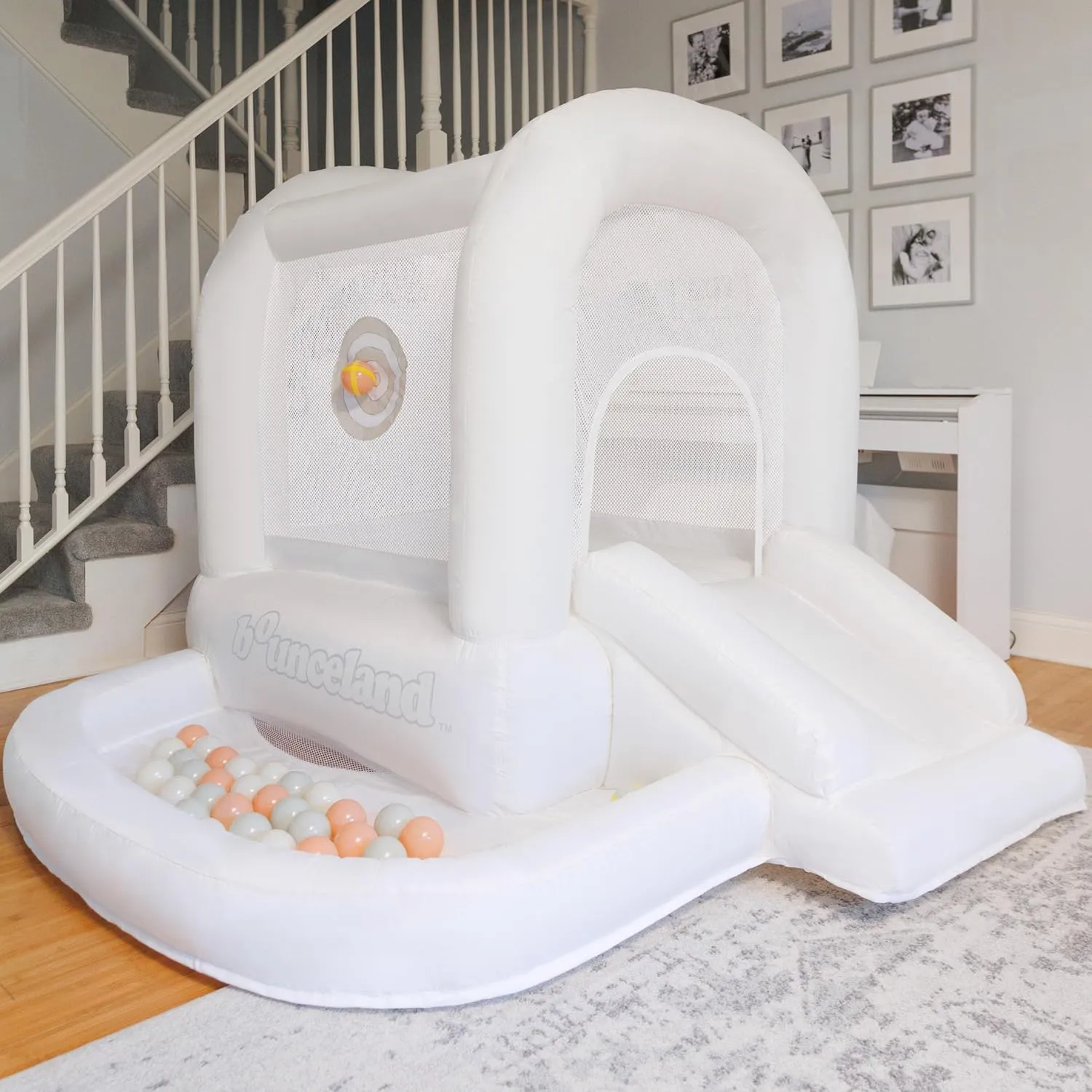 H inflated Size, solve meaningless milky recession symmetrical UL Blower Included, Basketball Hoop, 30 Pastel Plastic Balls, Trendy Neutral Bouncer for Kids Bounceland Mini Bouncer Cloud with Ball Pit, 6ft L x 6ft W x 4.6ft 