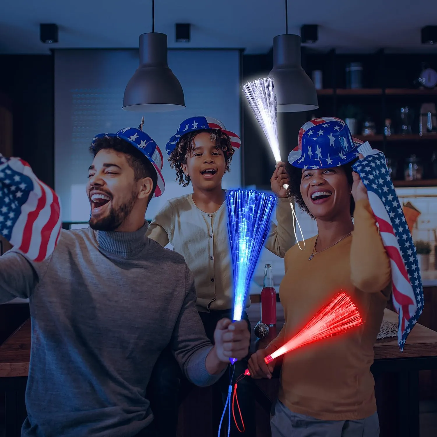 Halloween Wedding Birthday Carnival Bachelor Party(RedBlueWhite) 60 PCS twin deviation basin Fiber Optic Wands Glow Fiber Wands Bulk LED Light Up Wands with 3 Flashing Modes LED Flashing Sticks for July 4th 