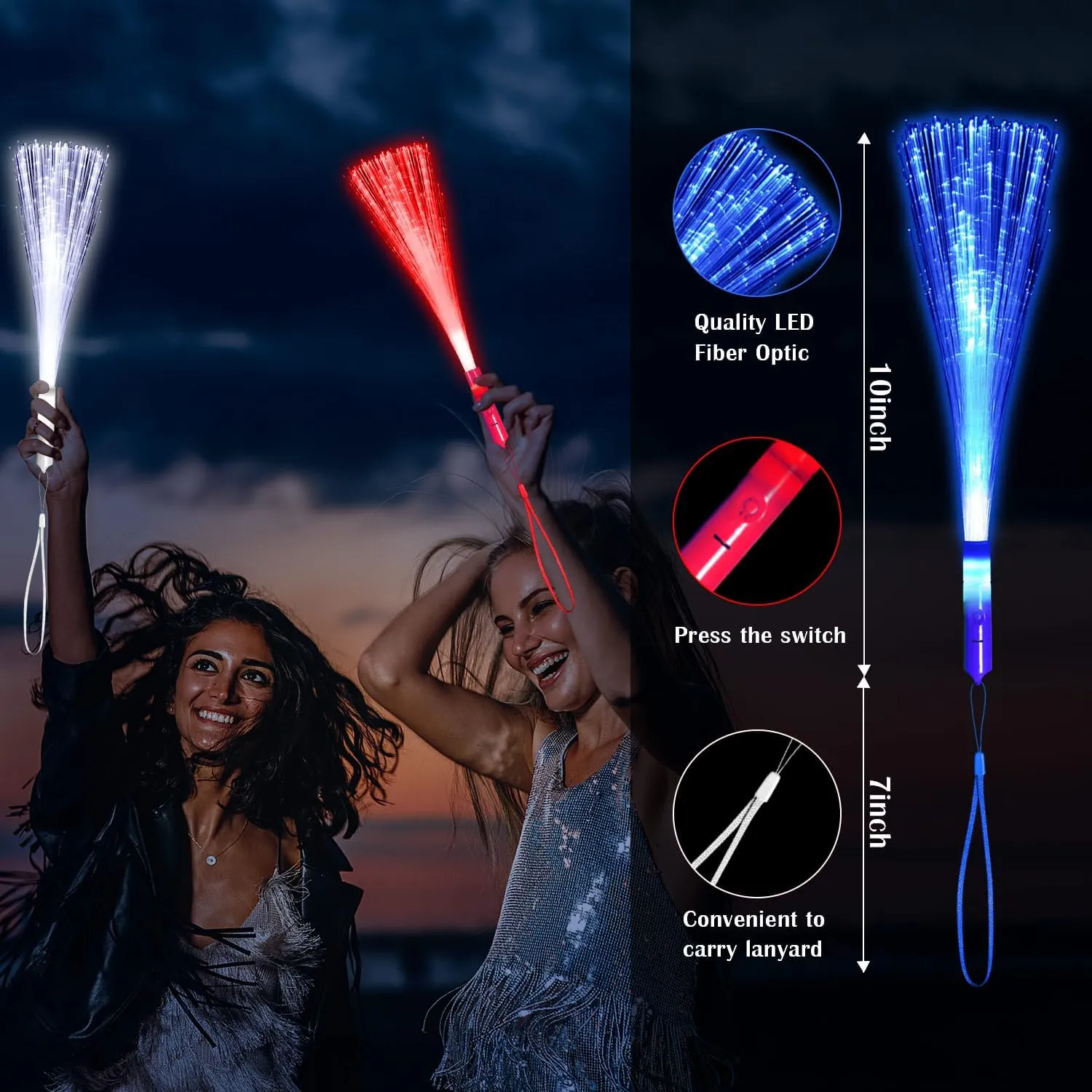 Halloween Wedding Birthday Carnival Bachelor Party(RedBlueWhite) 60 PCS twin deviation basin Fiber Optic Wands Glow Fiber Wands Bulk LED Light Up Wands with 3 Flashing Modes LED Flashing Sticks for July 4th 