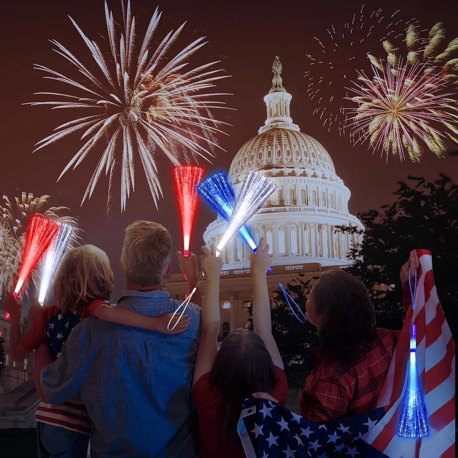 Halloween Wedding Birthday Carnival Bachelor Party(RedBlueWhite) 60 PCS twin deviation basin Fiber Optic Wands Glow Fiber Wands Bulk LED Light Up Wands with 3 Flashing Modes LED Flashing Sticks for July 4th 