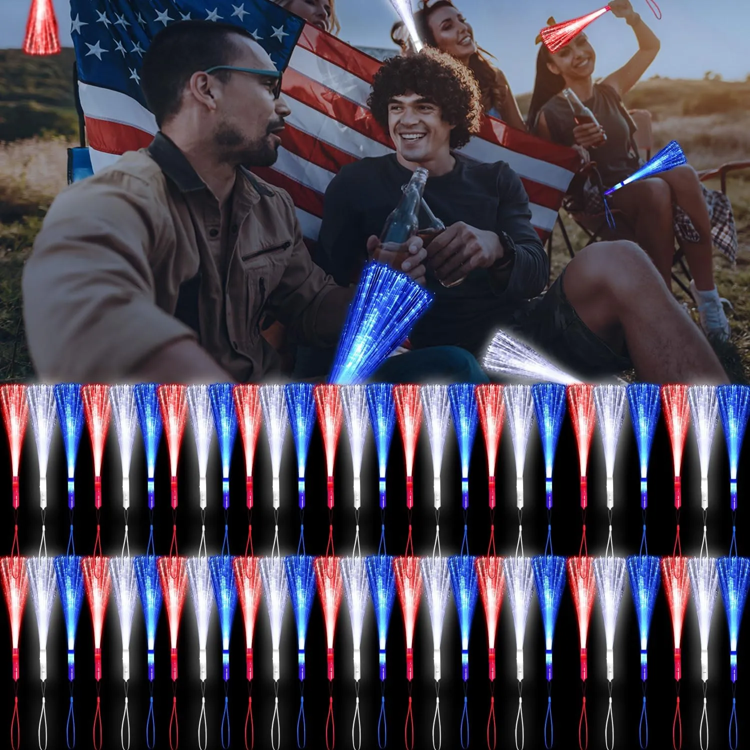 Halloween Wedding Birthday Carnival Bachelor Party(RedBlueWhite) 60 PCS twin deviation basin Fiber Optic Wands Glow Fiber Wands Bulk LED Light Up Wands with 3 Flashing Modes LED Flashing Sticks for July 4th 