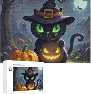 Halloween Wooden Puzzles for Adults 300 PCS Unique Shape Puzzles Wall Art Home Decor for stimulus Puzzle Lovers, Family, Friend Creative Gift Toys Cat 
