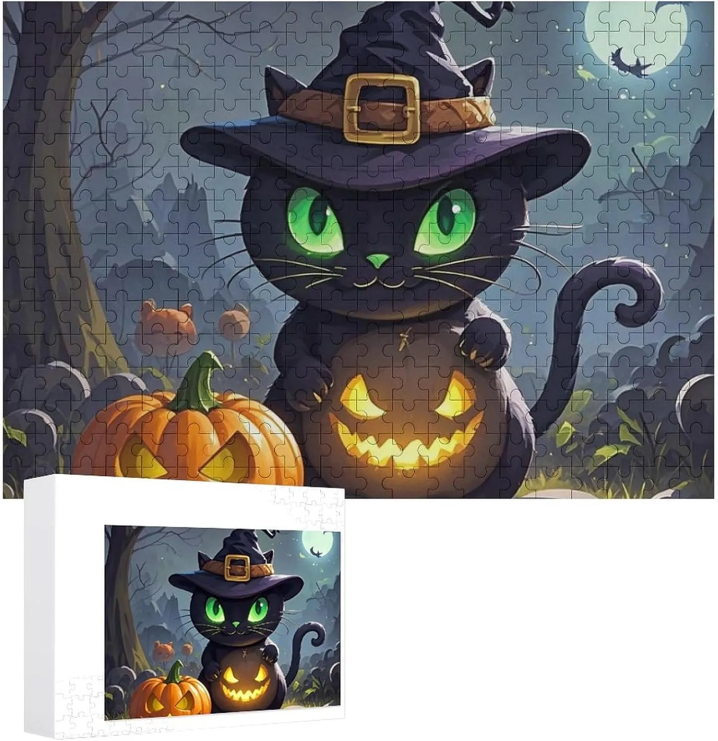 Halloween Wooden Puzzles for Adults 300 PCS Unique Shape Puzzles Wall Art Home Decor for stimulus Puzzle Lovers, Family, Friend Creative Gift Toys Cat 
