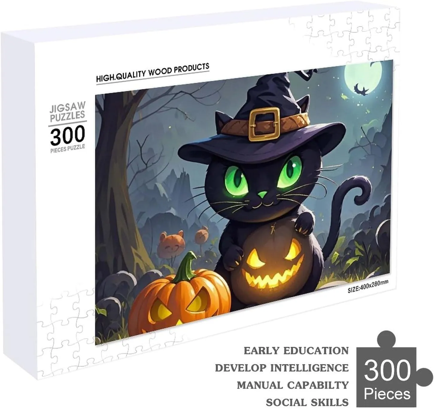 Halloween Wooden Puzzles for Adults 300 PCS Unique Shape Puzzles Wall Art Home Decor for stimulus Puzzle Lovers, Family, Friend Creative Gift Toys Cat 