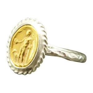 Hammered Twisted Rope Setting Designer Handmade Turkish Fine Jewelry for Women Caprixus 925 Sterling Silver Signet Ring Ancient Greek Art Coin 24K Gold graze law Vermeil Two Tone 