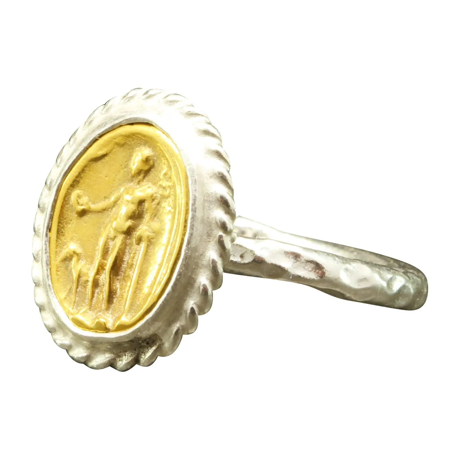 Hammered Twisted Rope Setting Designer Handmade Turkish Fine Jewelry for Women Caprixus 925 Sterling Silver Signet Ring Ancient Greek Art Coin 24K Gold graze law Vermeil Two Tone 