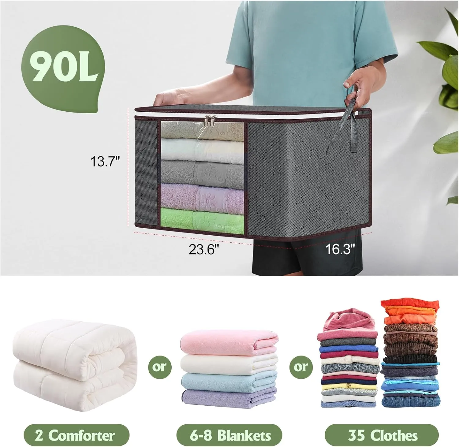 Handle Thick Fabric For Bedding,Clothing, Blanket, Pillows and Toys,Grey 90L Large Storage Bags,10 Pack Foldable Clothes Storage Bins,Closet Organizers sticky Storage Containers Durable 