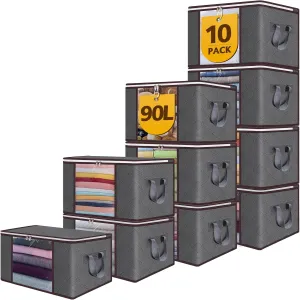Handle Thick Fabric For Bedding,Clothing, Blanket, Pillows and Toys,Grey 90L Large Storage Bags,10 Pack Foldable Clothes Storage Bins,Closet Organizers sticky Storage Containers Durable 