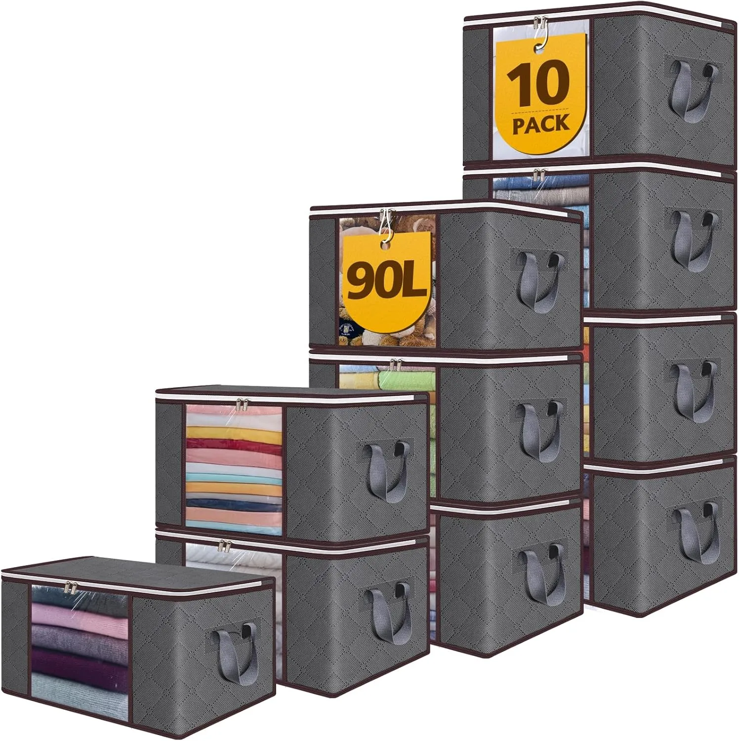 Handle Thick Fabric For Bedding,Clothing, Blanket, Pillows and Toys,Grey 90L Large Storage Bags,10 Pack Foldable Clothes Storage Bins,Closet Organizers sticky Storage Containers Durable 